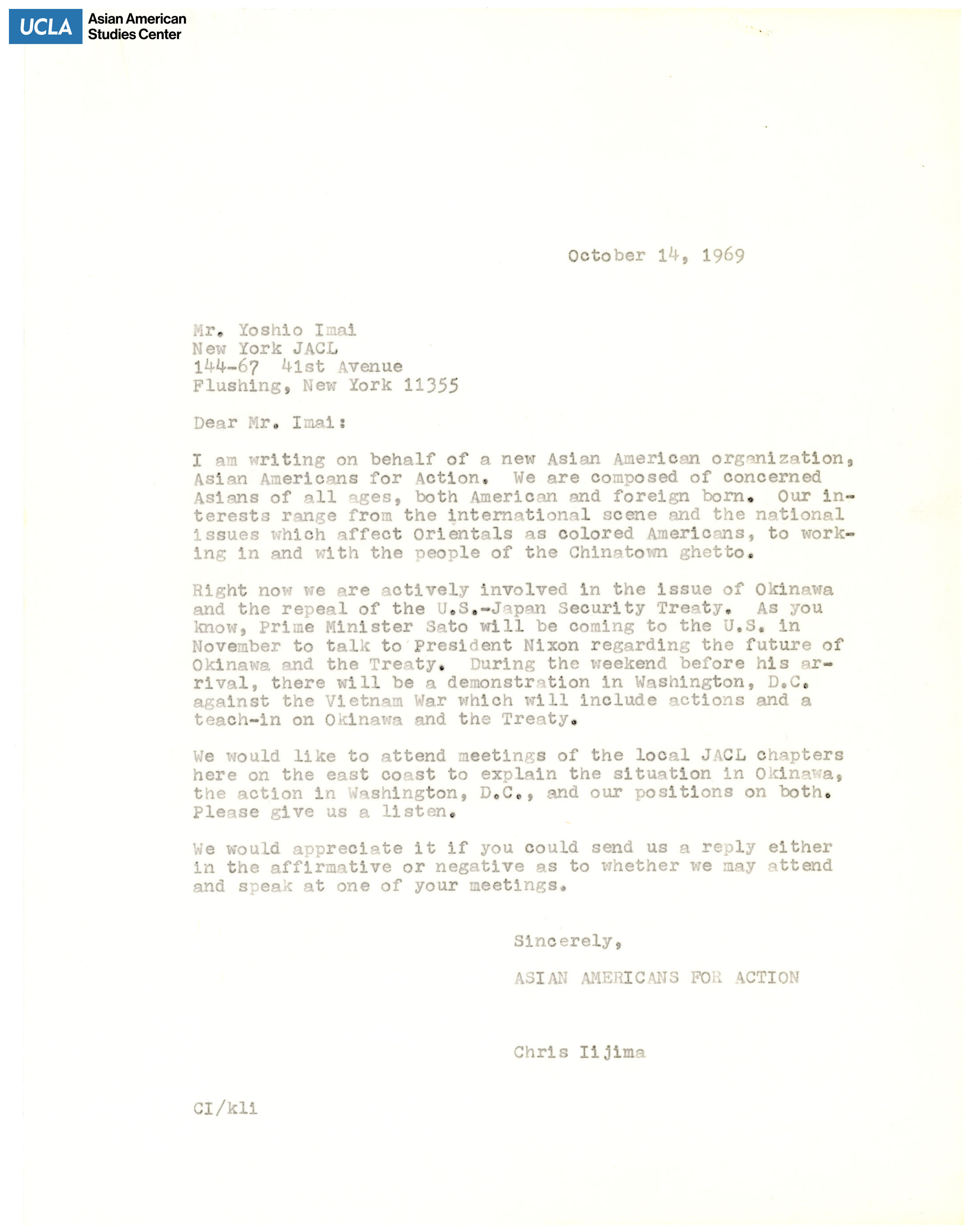 Letter regarding the newly formed Asian Americans for Action organization and a request to meet with the JACL chapter.