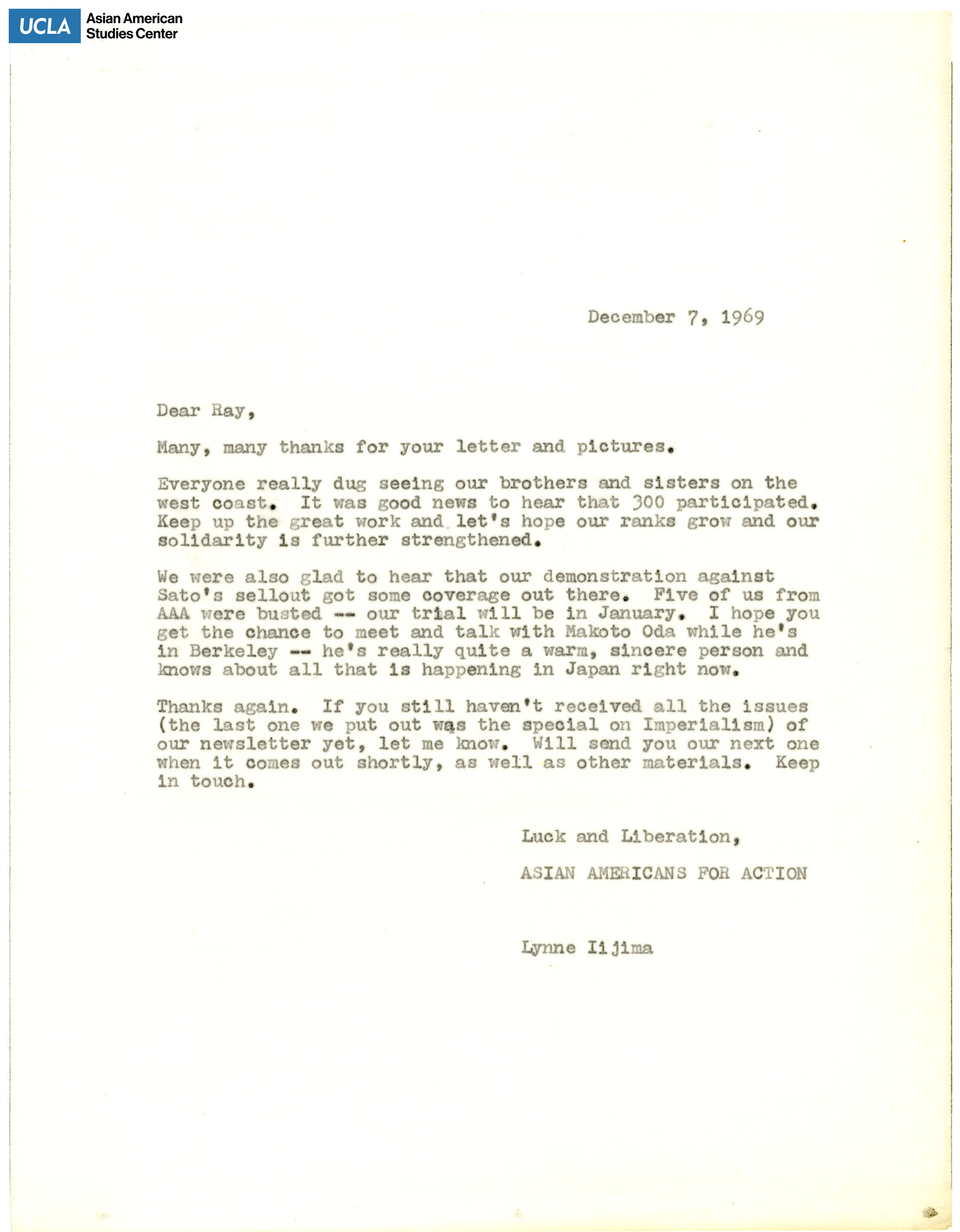 Letter of thanks and the effectiveness of the demonstration against Sato.
