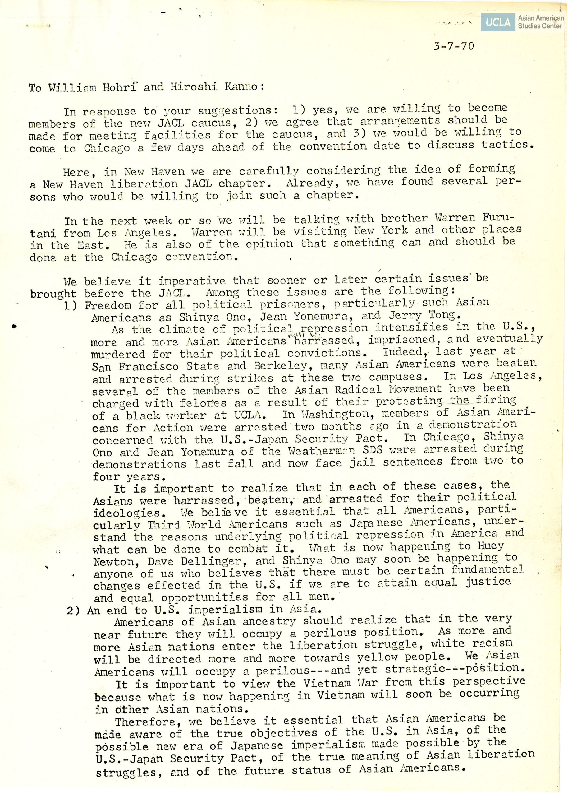 Letter regarding becoming new members of the JACL caucus in New Haven, Connecticut.