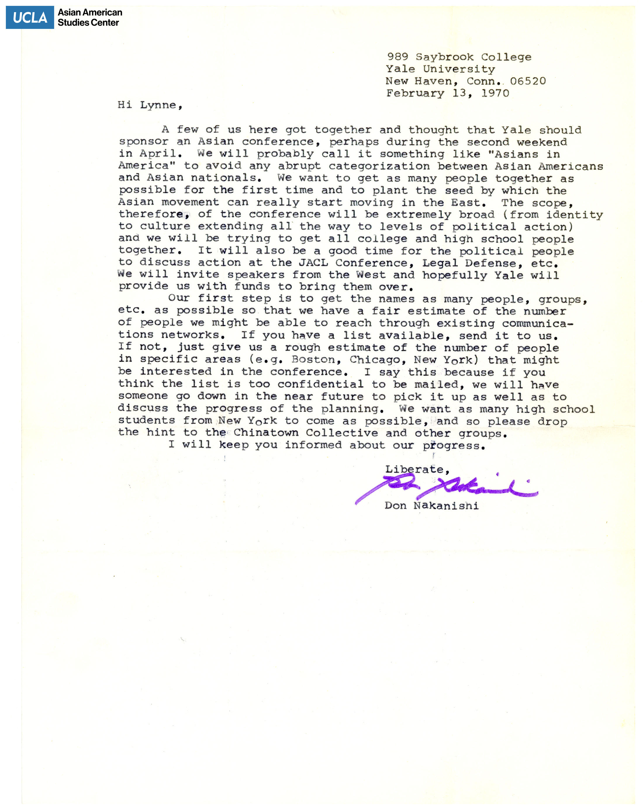 Letter regarding the planning of Yale University sponsoring an Asian conference.