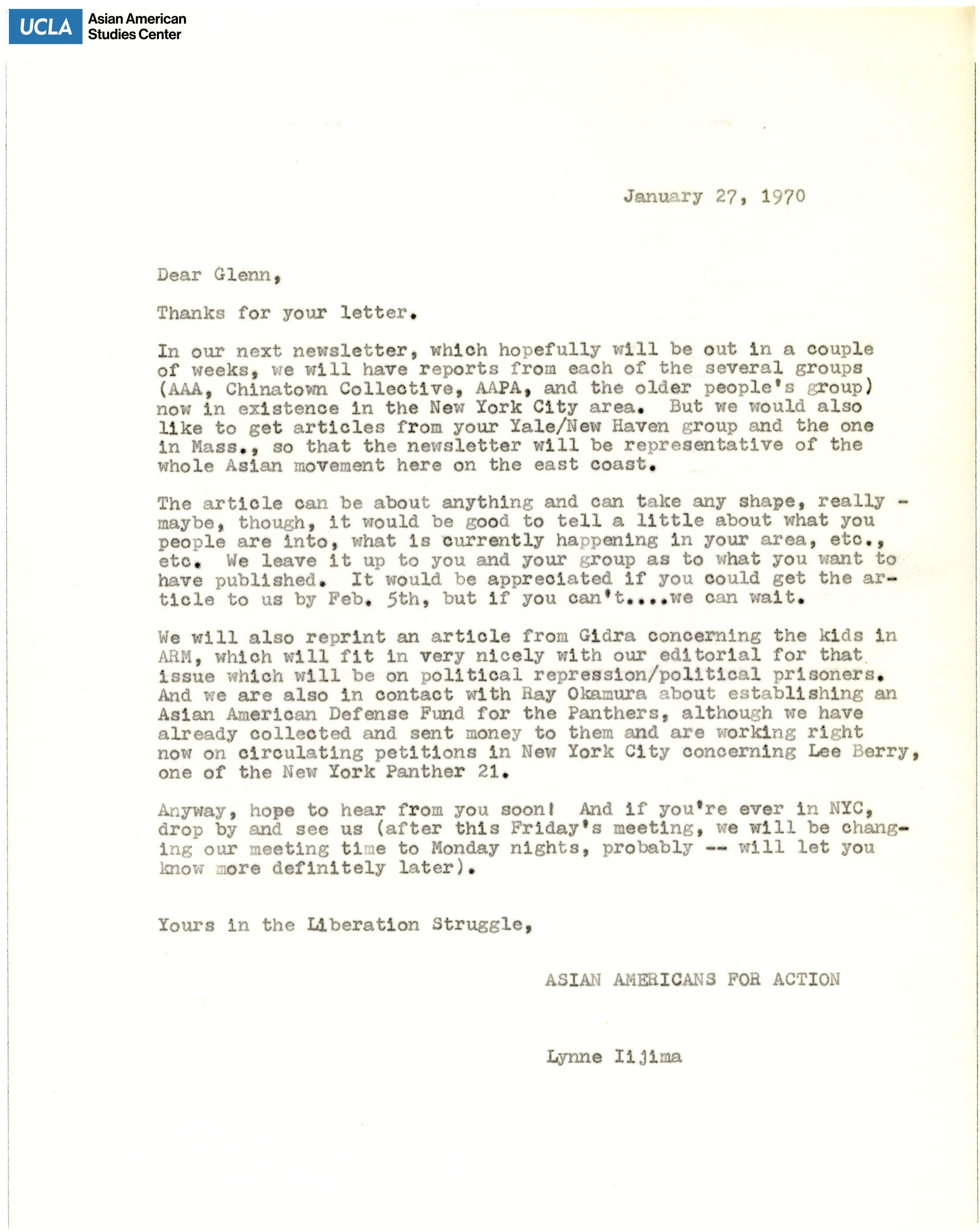 Letter regarding the next newsletter and reprints from Gidra.