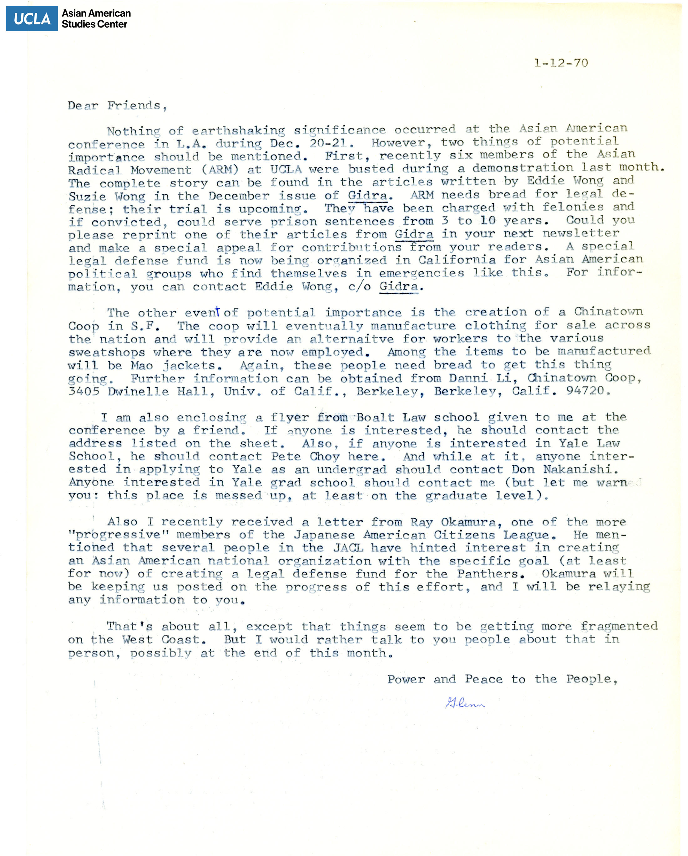 Letter regarding the Asian American conference in Los Angeles and the issues of Gidra.