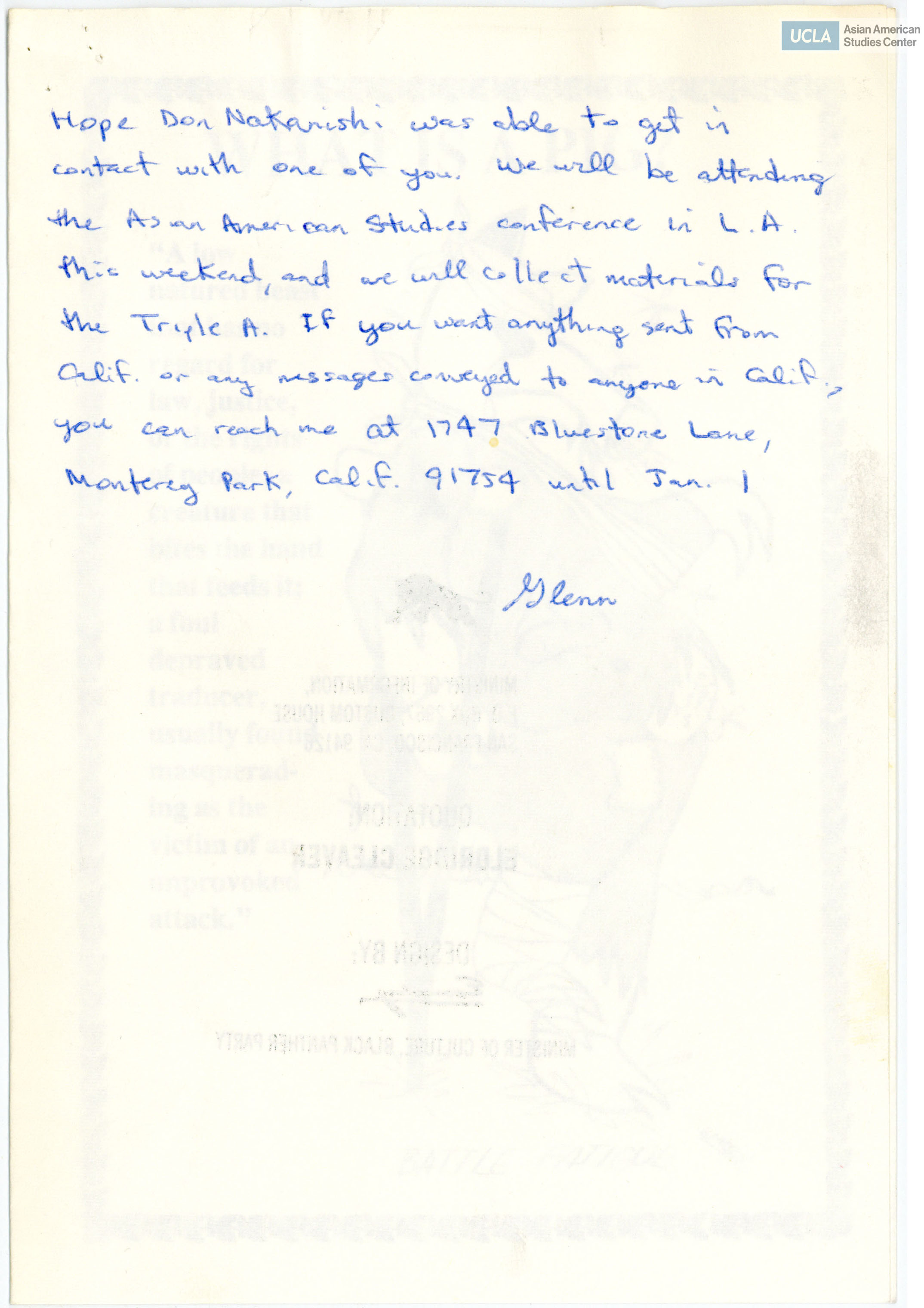 Letter regarding plans on attending the Los Angeles Asian AMerian Studies conference and collection materials from the Asian Americans for Action. Letter written on card with title: 