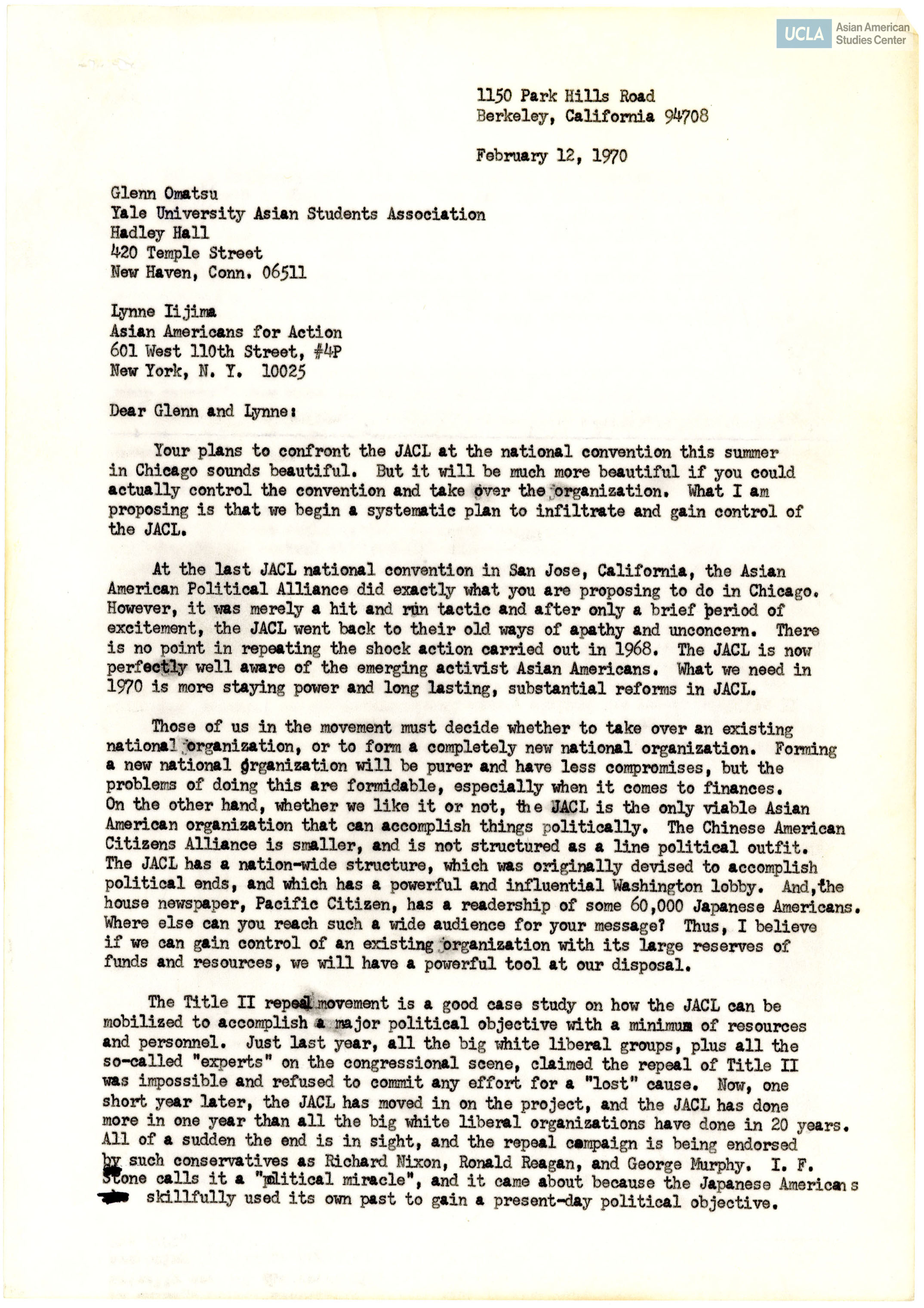 Letter regarding the JACL National Convention, the Asian Movement, and repealing Title II.