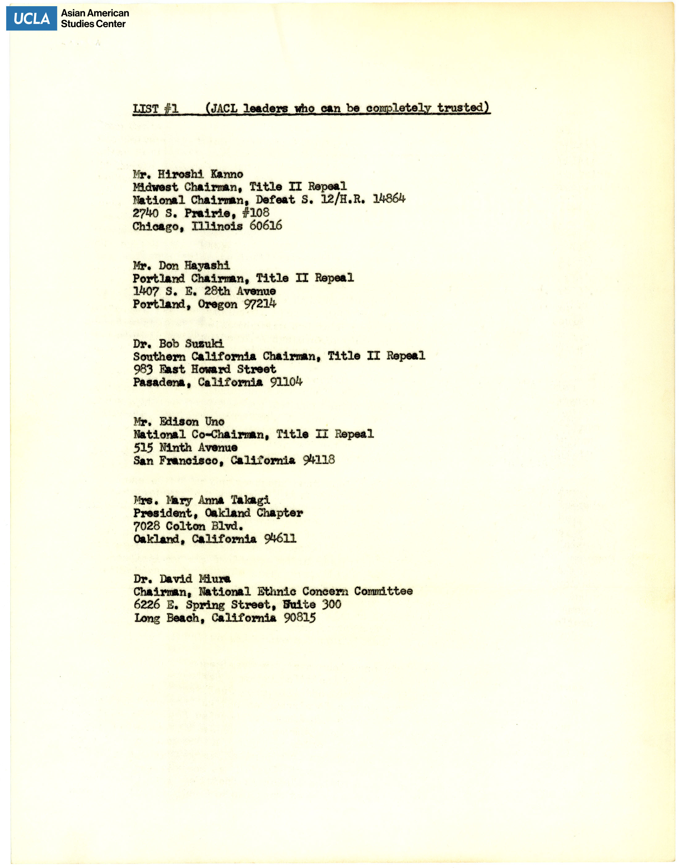 List of addresses regarding JACL leaders to be trusted.
