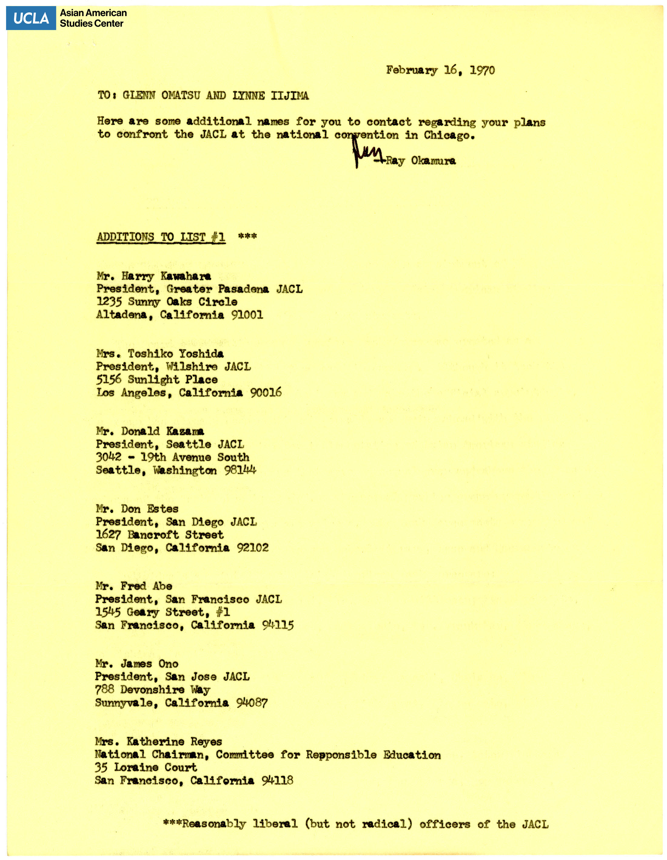 Letter regarding additional names for JACL contacts.