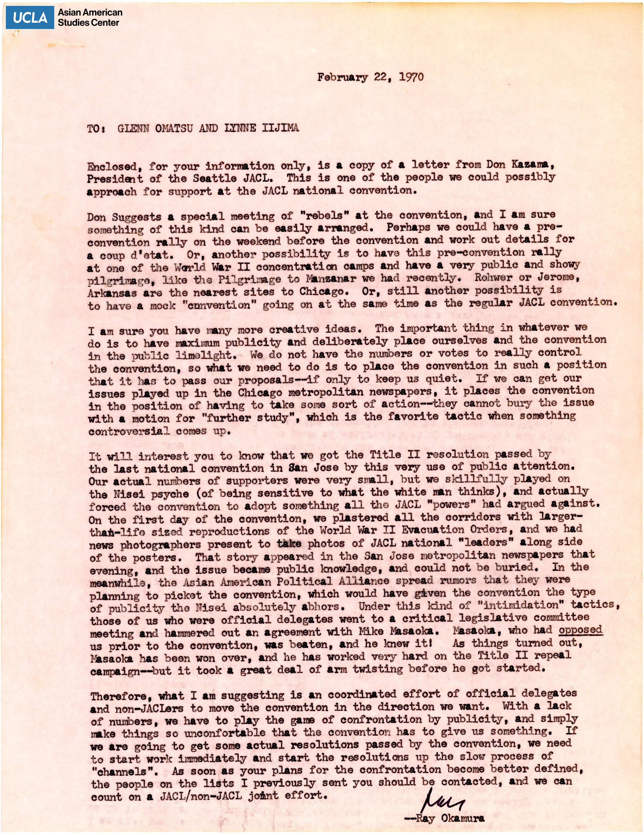 Letter regarding letter from Don Kazama and the JACL convention.