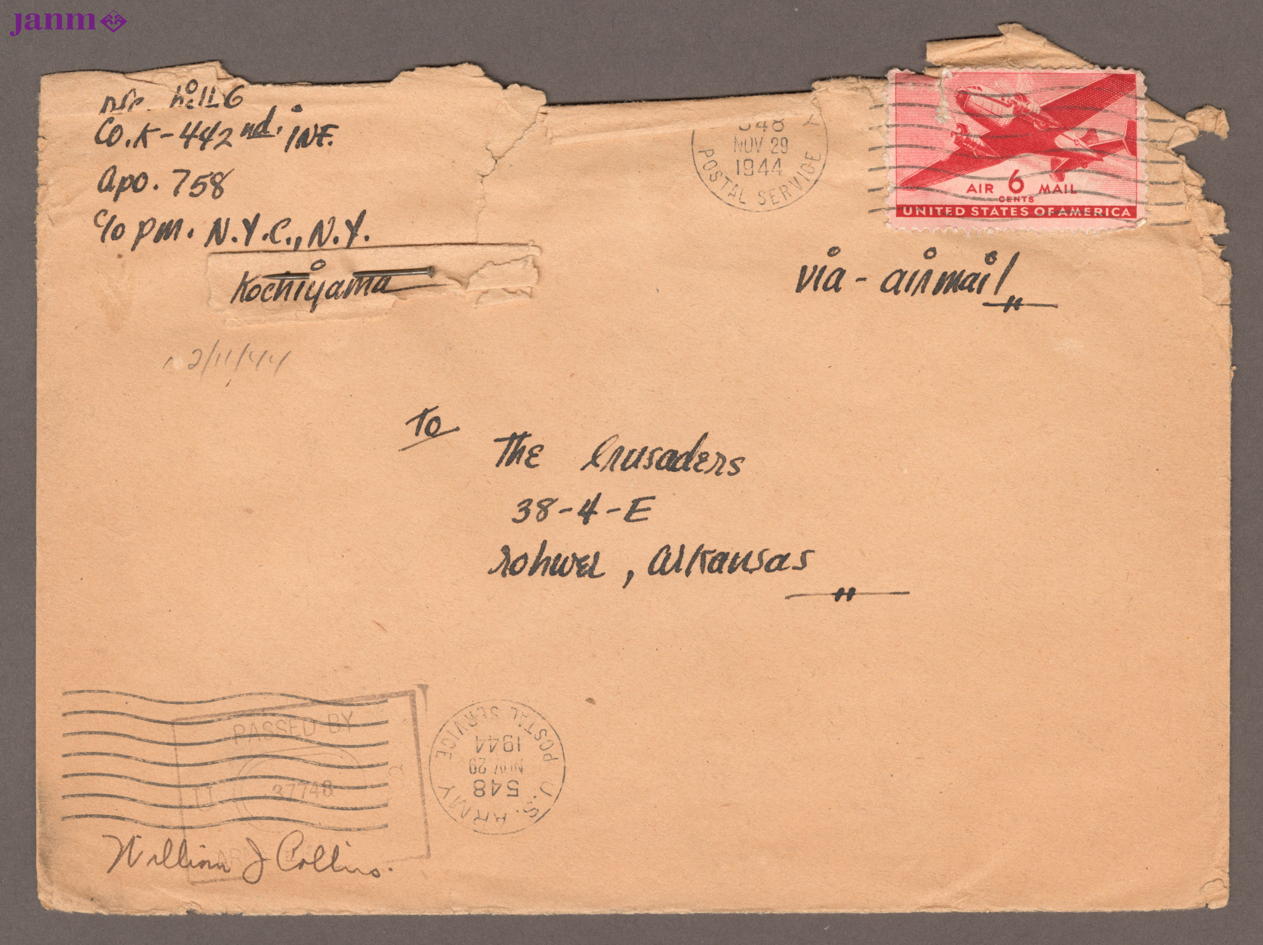Envelope addressed to the Crusaders from P.F.C Bill Kochiyama. Postmarked on November 29, 1944 by the U.S. Army Postal Service.