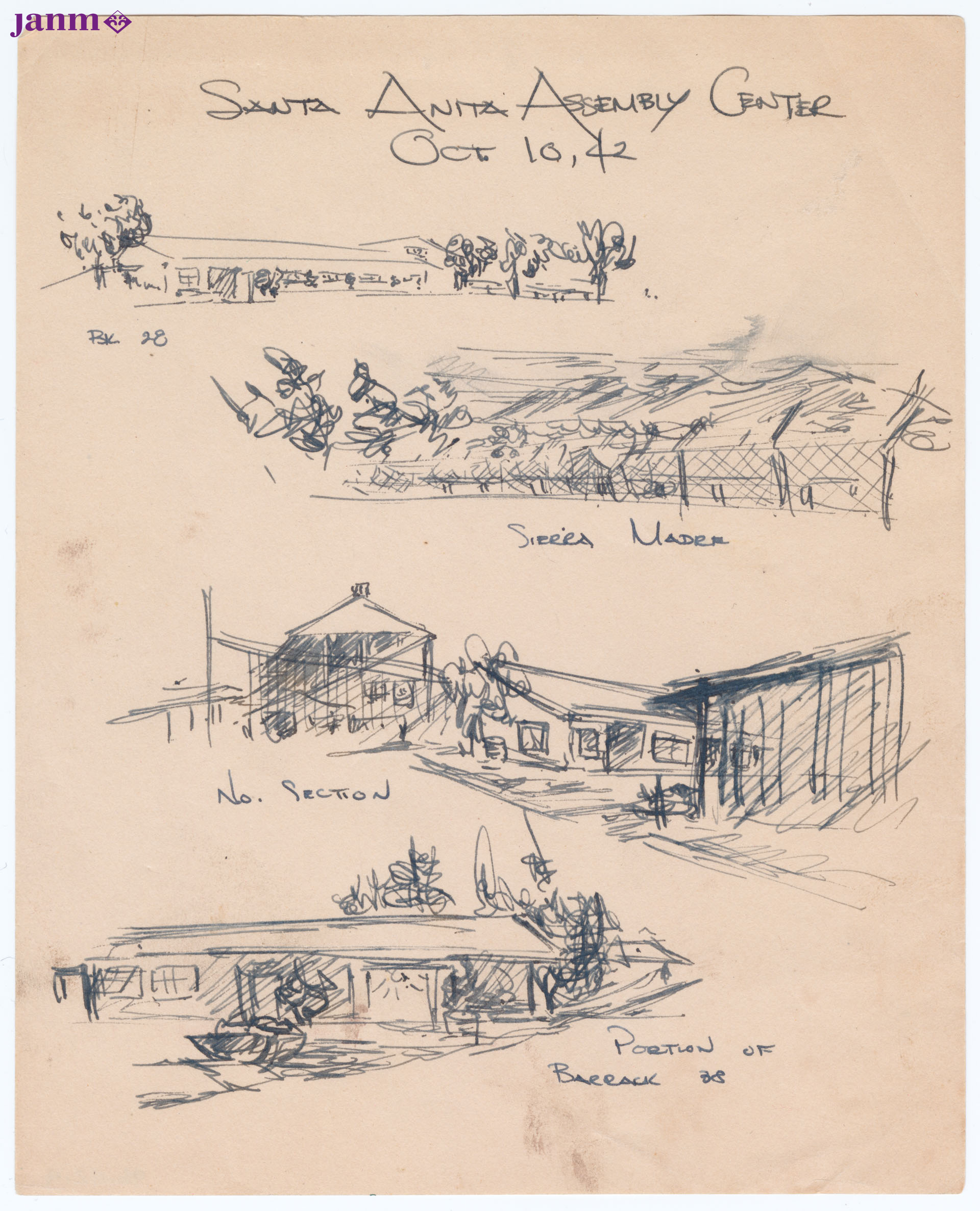 Hand-drawn sketches of surroundings and buildings at Santa Anita Assembly Center.